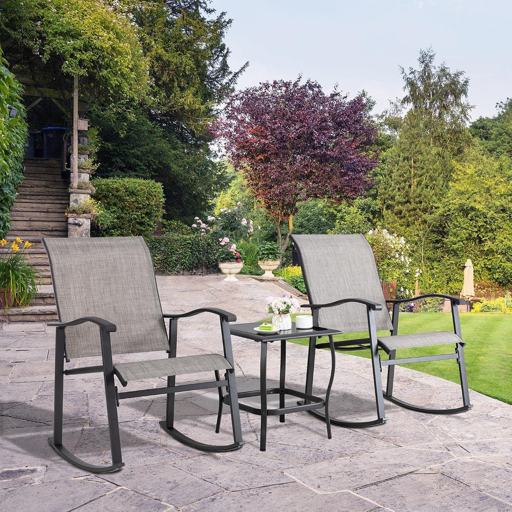 3 Piece Rocking Bistro Set, Outdoor Furniture with Rocker Chairs and Glass Coffee Table Balcony, Porch Furniture for