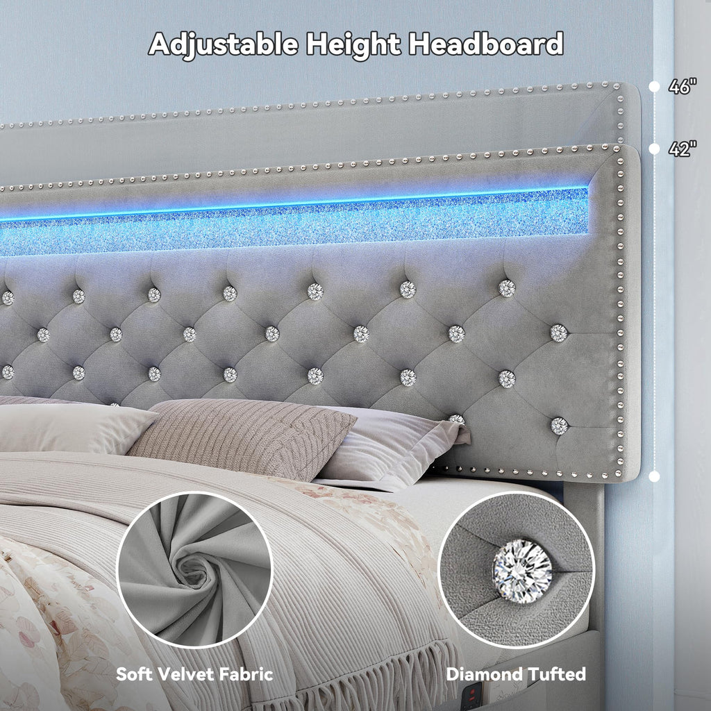 Queen LED Bed Frame with Adjustable Headboard & Drawers, Grey Velvet