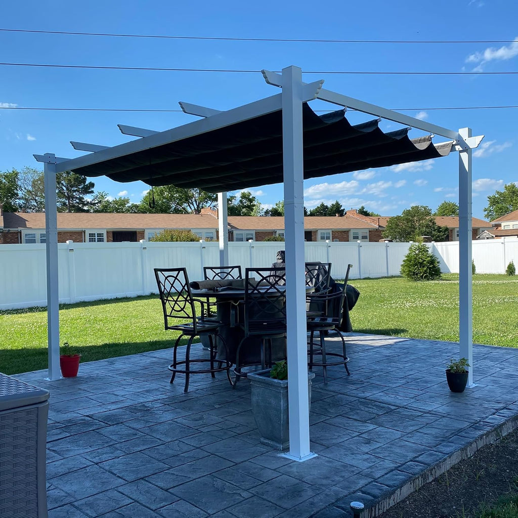 10' x 13' Outdoor Retractable Pergola Heavy-Duty Aluminum White Pergola with Sun Shade Canopy Patio Modern Shelter for Garden Yard Deck Grape Trellis, Grey