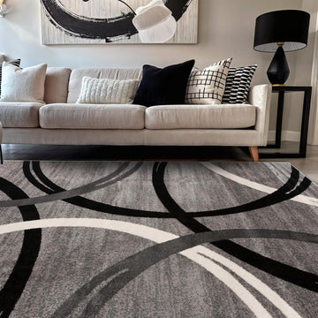 Wavy Circles Fade-Resistant Living Room Area Rug Gray 5'3" x 7'3"