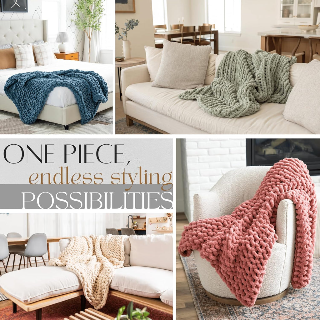 Chunky Knit Throw Blanket 50x60, Sage Green Chenille Throw Blanket, Soft Fluffy Cable Knit Blanket, Oeko-TEX