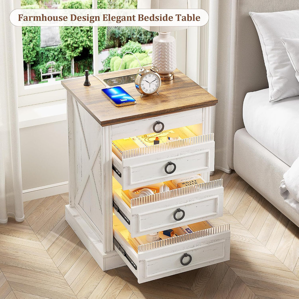 Farmhouse Night Stand Set 2 with Gun Drawer | Bedside Table with Charger Station, LED Nightstand with Human Sensor