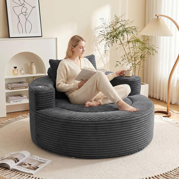 55.5" Oversized Round Chaise Lounge Chair Indoor, Corduroy Dark Grey﻿