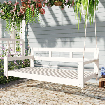Twin Size Wooden Porch Swing Bed with 4 Heavy Duty Ropes, Outdoor Hanging Daybed Swing Bench Backyard Garden, Acacia