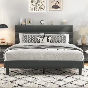 Queen Bed Frame, Platform Bed Frame with Velvet Upholstered Headboard, No Box Spring Needed, Sturdy Metal Support