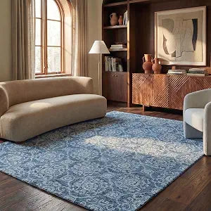 Area Rug 8x10 - Abstract Collection - Large - Blue, Handmade Wool, Ideal, Dining Space (ABT207A)