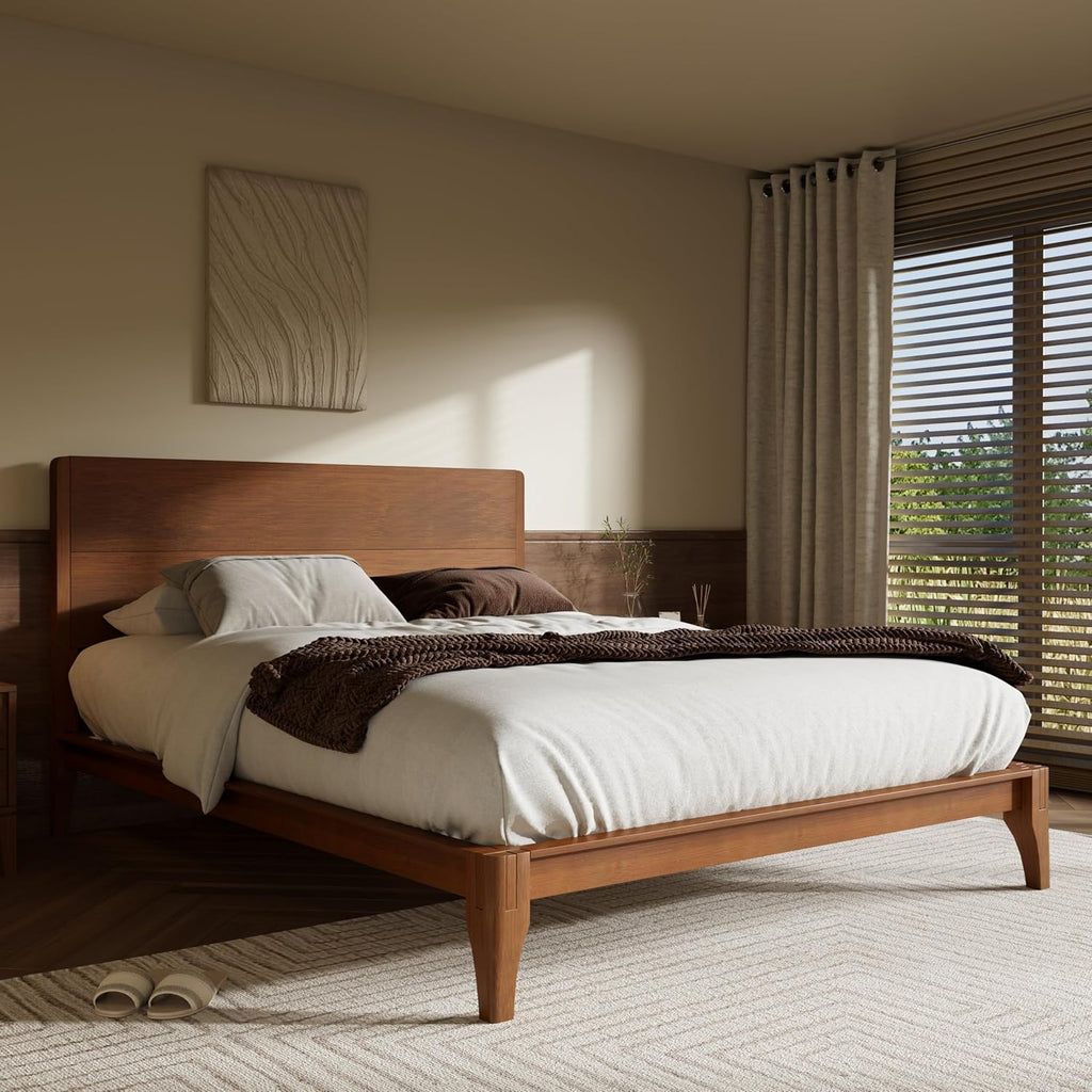 Queen Bamboo Platform Bed, Mid-Century Modern Bed Frame with Tall Headboard, Solid Sustainable Bedframe Queen-size