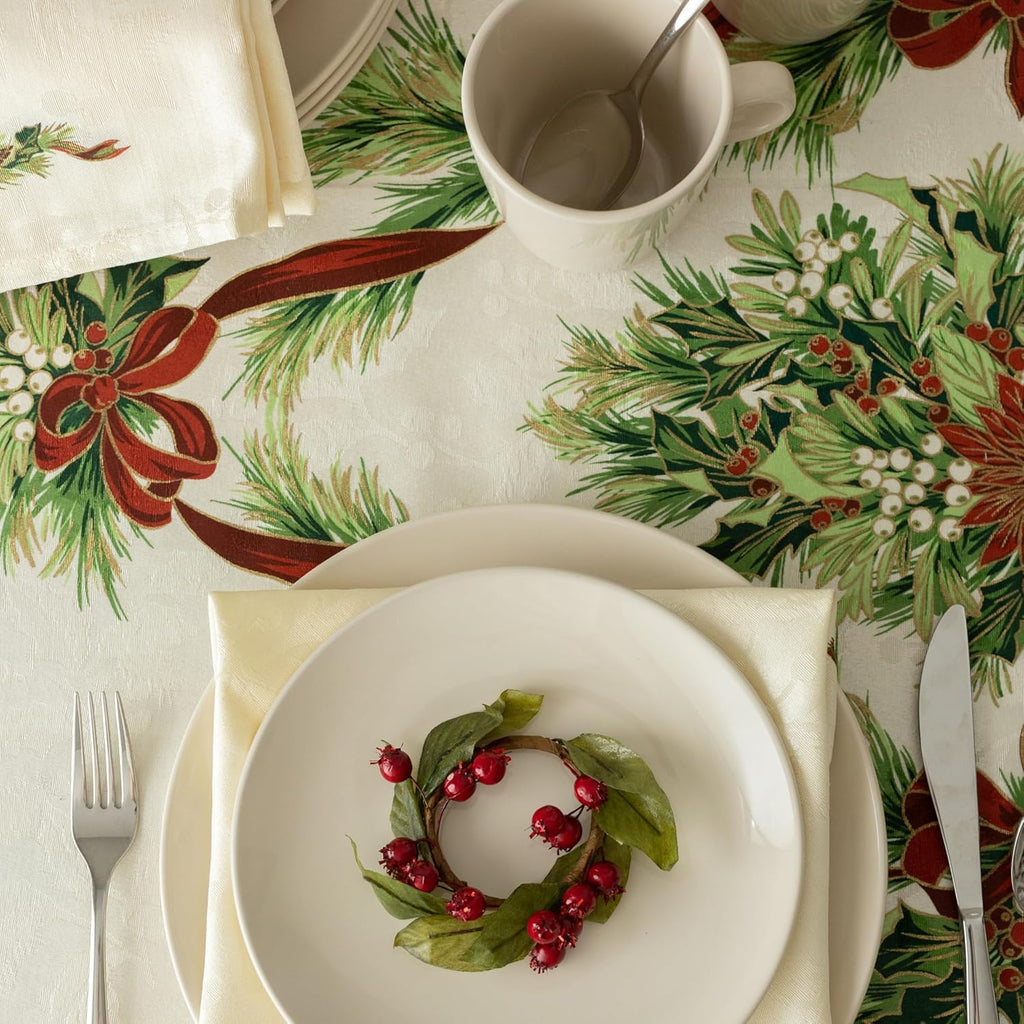 Christmas Ribbons Engineered Printed Fabric Table Cloth, Winter, Holiday and Christmas Tablecloth (7