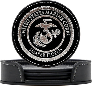 USMC Leather Coaster Set - 4 Premium Coasters with Hot Stamped Foil US Marines EGA Logo - Marine Corps Gift | USMC - Set of 4