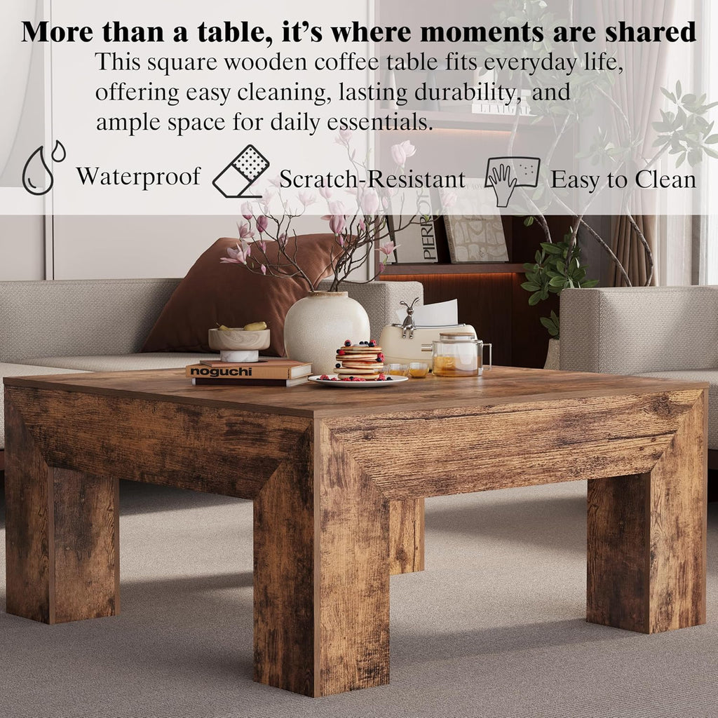 Wooden Square Coffee Table,35.5 inch Farmhouse Low Cocktail with Thick Base (Rustic Brown)