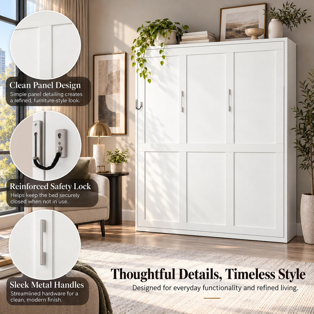 Queen Murphy Bed, White Vertical Folding Wall Bed Cabinet for Small Spaces