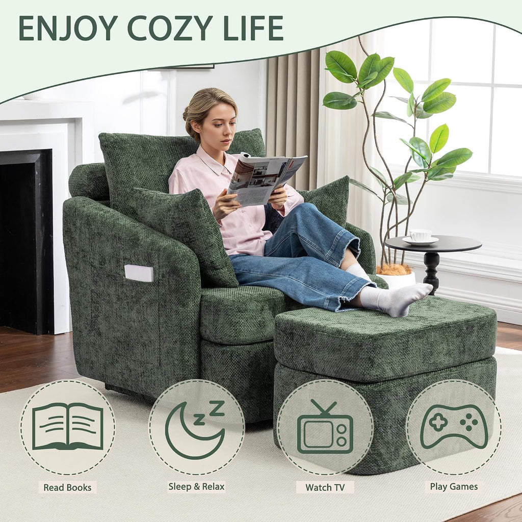 Modern Swivel Lounge Chair and Ottoman — Green Chenille