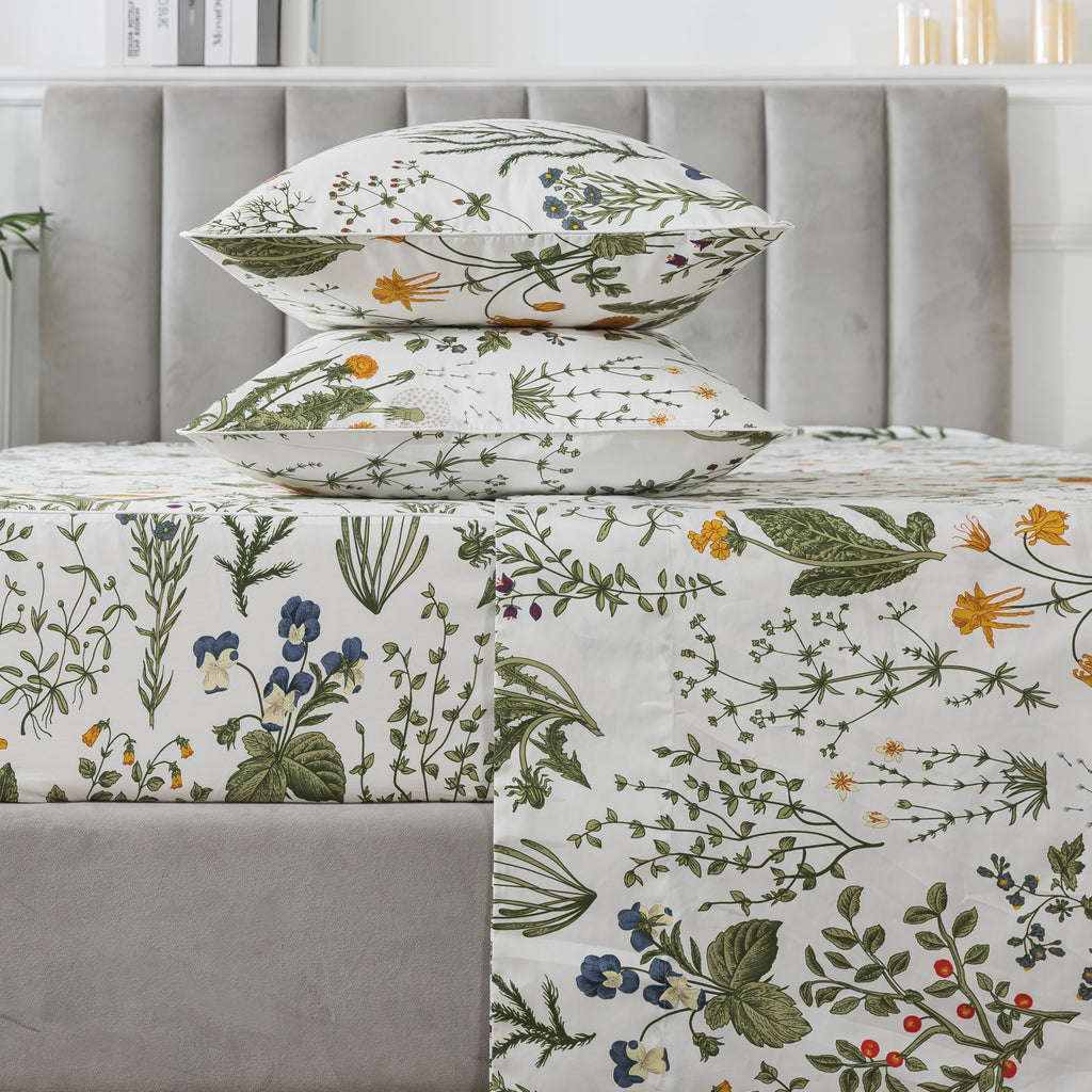 100% Percale Cotton Sheets Full Botanical Printed Floral Sheets Yellow Flowers & Leaves Pattern Farmhouse Bedding