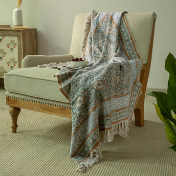 100% Pure Cotton Woven Breathable Handblock One Side Printed Throw Blanket, 50" x 60" Fringed Floral Print Decorative