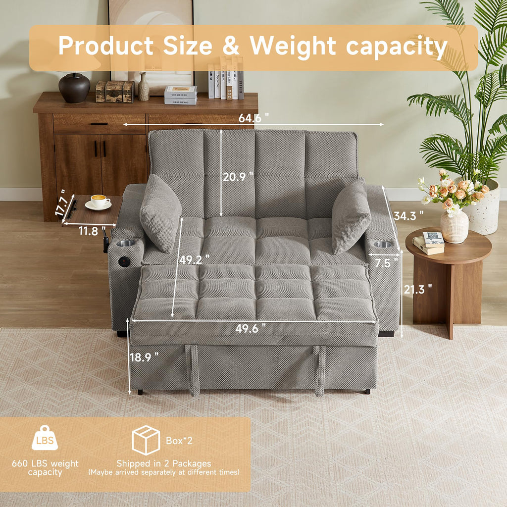 65'' Chaise Lounge Chair Indoor, 3-in-1 Convertible Sofa Bed with Pull-Out Design, 360° Swivel Side Table, Modern