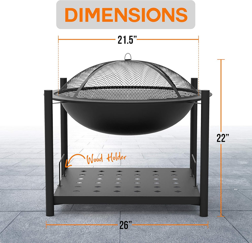 Outdoor Wood Fire Pit - 26" Steel BBQ Grill with Mesh Spark Screen, Log Grate, Fire Poker & Cover for Camping, Picnic