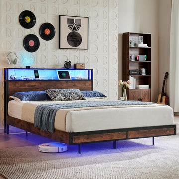 Full Bed Frame with 2-Tier Storage Headboard