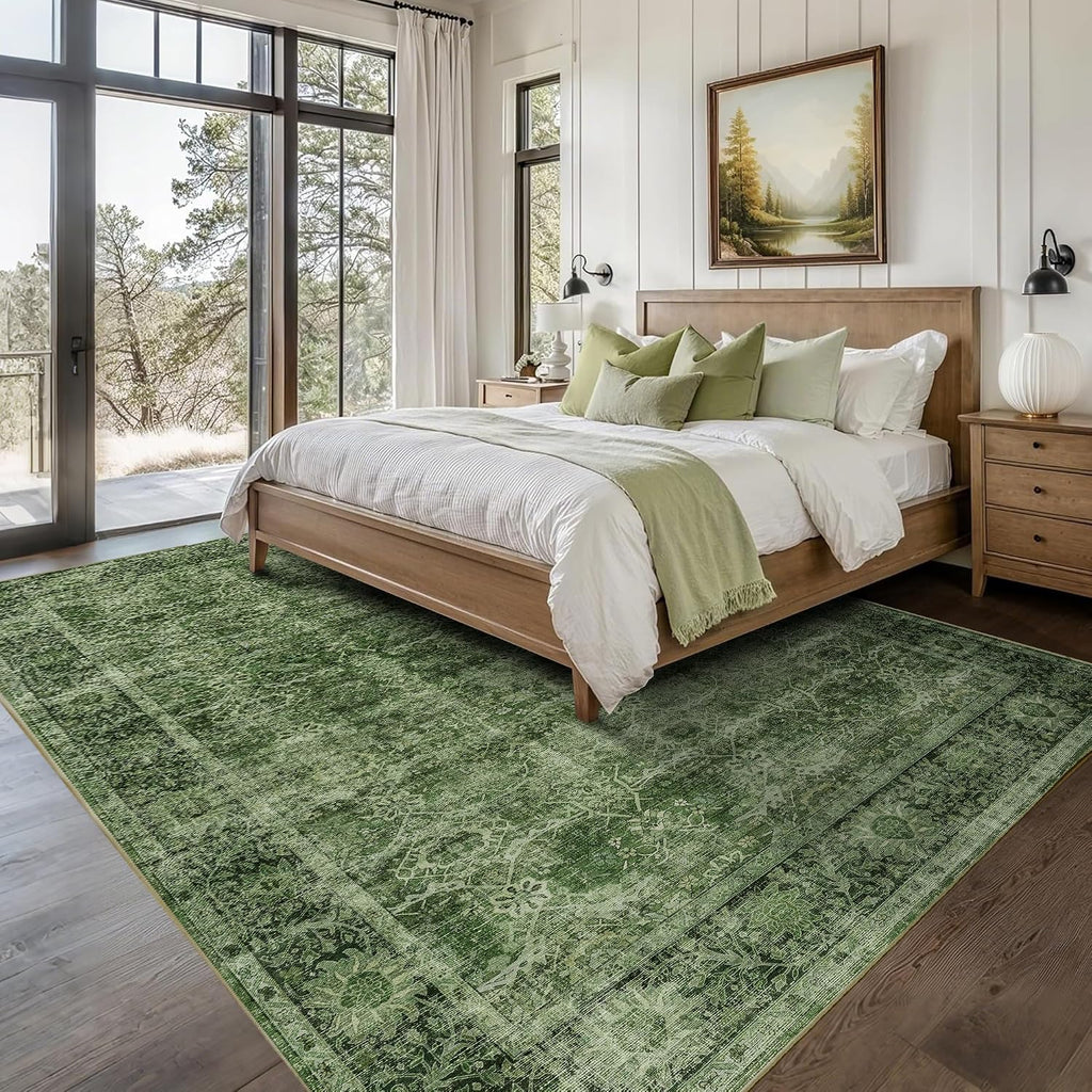 8x10 Washable Green Area Rug Vintage Rug Bedroom