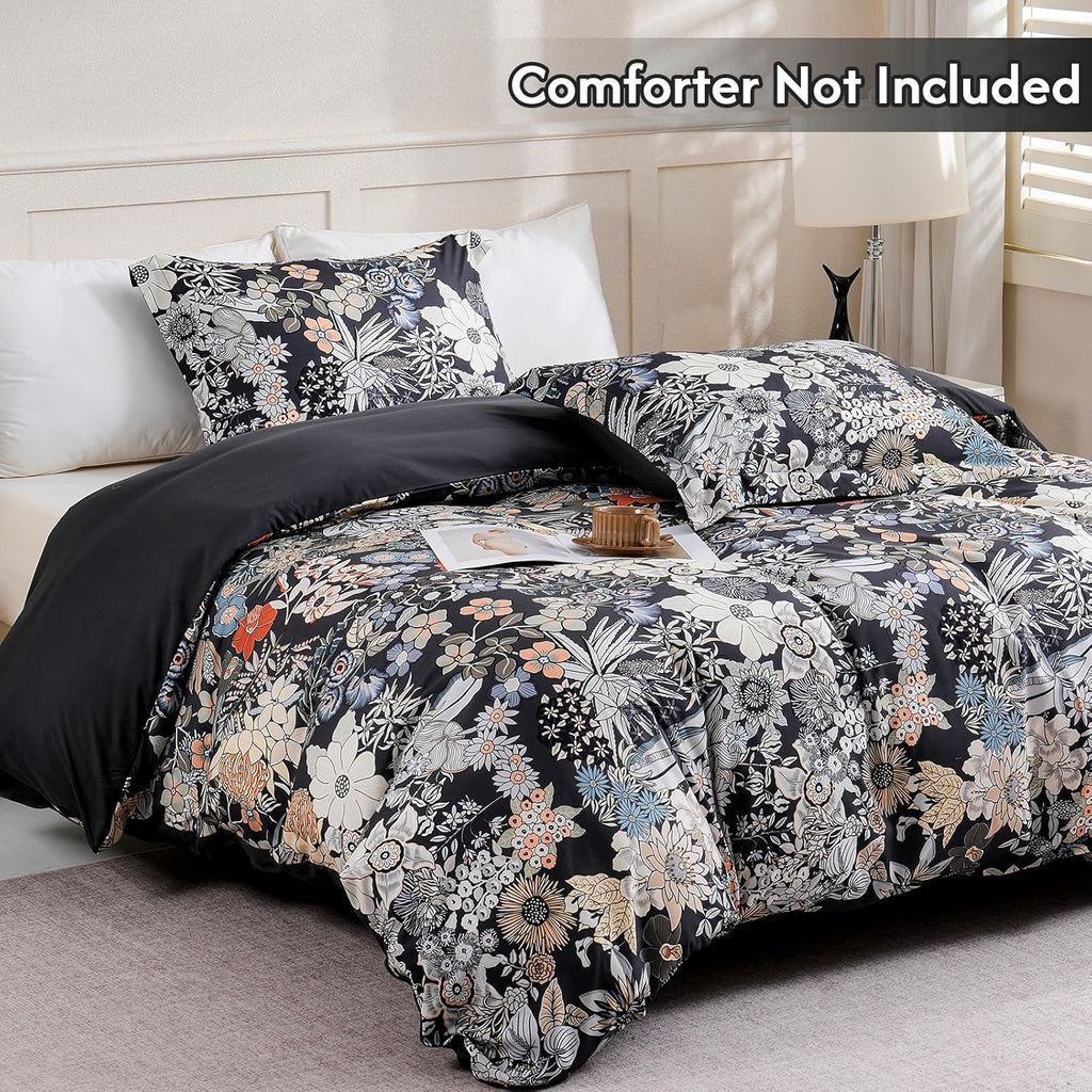 Flower 3 Pcs Duvet Cover Set, Breathable Soft Microfiber Black Lining Comforter Cover with Zipper Closure, and