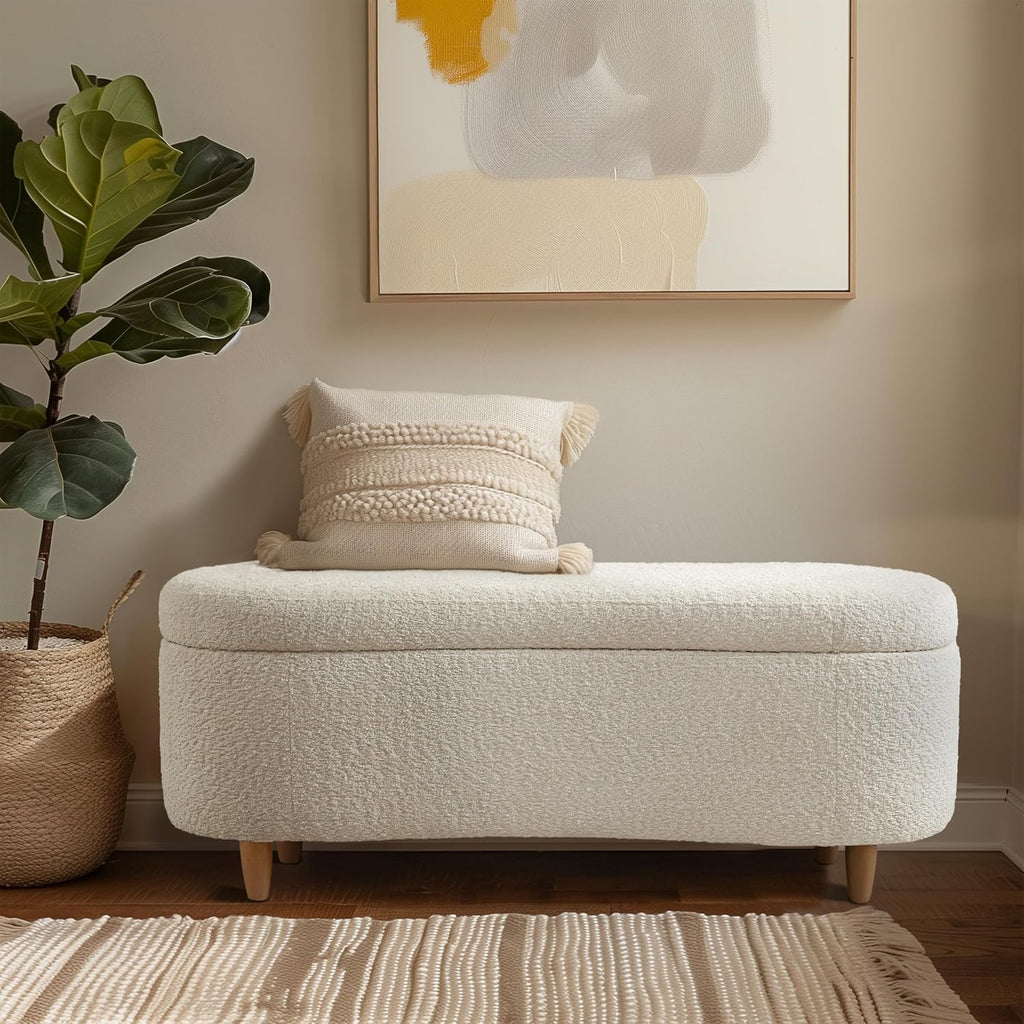 Boucle-Style Curved Storage Accent Bench