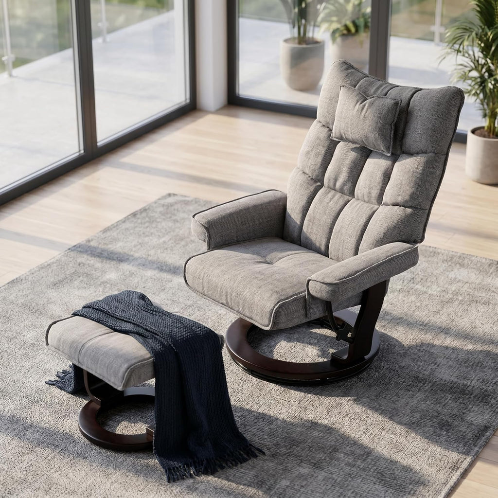 Modern Reclining Swivel Lounge Chair and Ottoman — Grey Chenille