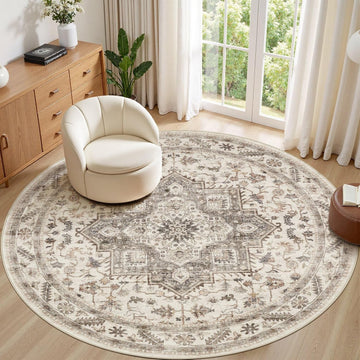 8ft Round Living Room Area Rug, Washable, Traditional, Light Brown