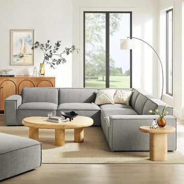 Restore Performance Fabric Upholstered 5-Piece Modular L-Shaped Sofa in Pewter - Low Profile L-Shaped Sectional Couch