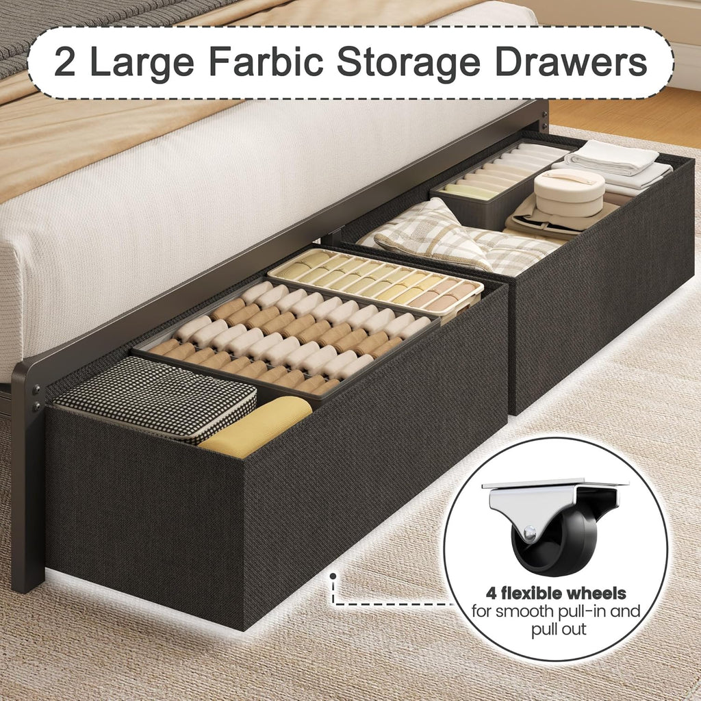 Queen Bed Frame with 2 Drawers, Upholstered Headboard with Storage and Charging Station, LED Lights