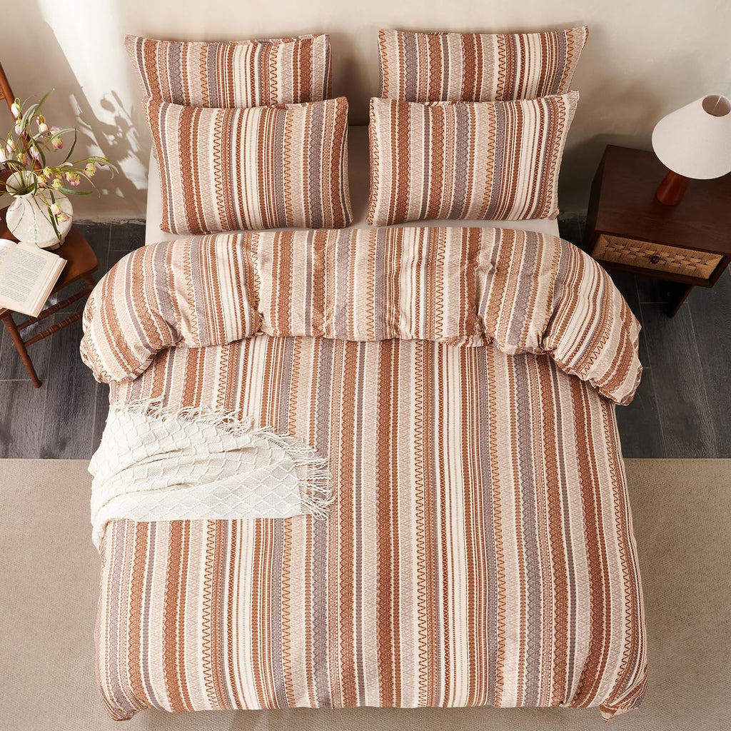 Boho Queen Comforter Set 3 Pieces Sof Boho Bedding Lightweight Queen Boho Striped Comforter Set for All Seasons 1