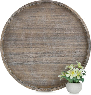 Wood Decorative Ottoman Tray with Handles, Round | 22" Large Coffee Table Tray Farmhouse Rustic Round Topper Decor