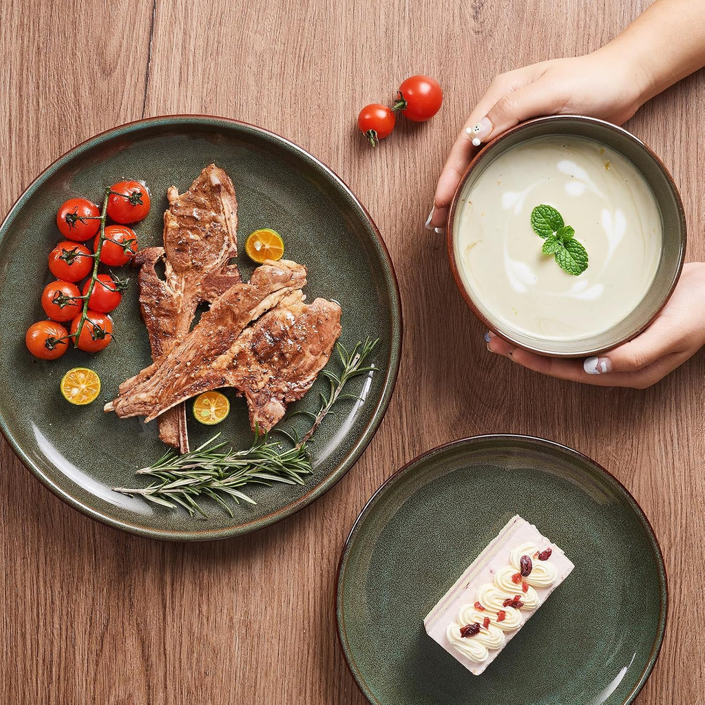 Stoneware Dinnerware Sets Service for 4, 12 pcs Reactive Glaze Plates and Bowls Sets, Handmade Ceramic Dish Set