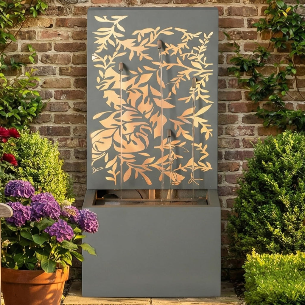 30.71" H Metal Leaf Cutout Outdoor Water Wall Fountain with LED Lights