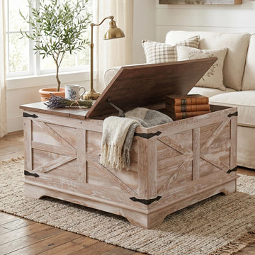 Farmhouse Coffee Table, Heavy-Duty Coffee Table with Storage, Square Wood Center Table Set with Pull Up Large Hidden
