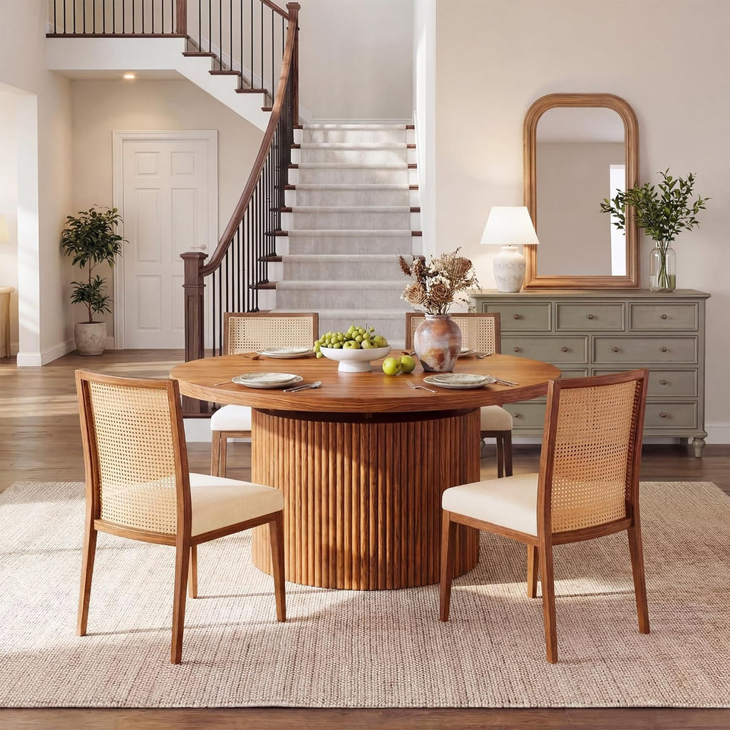 Extendable Round Dining Table for 4-8, 39in-77in Long Large Kitchen Table with Fluted Base, Space Saving Modern