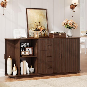 63" Fluted Sideboard Buffet Cabinet with 3 Drawers & 2 Doors, Mid-Century Modern Buffet Sideboard Cabinet with Storage