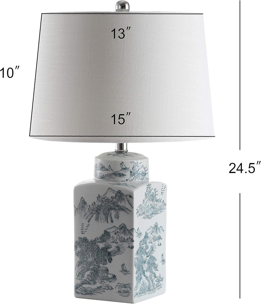 24.5" Blue/White Chinoiserie Ceramic Table Lamp, Traditional Square Ginger Jar Mountain Toile Lamp Bedroom