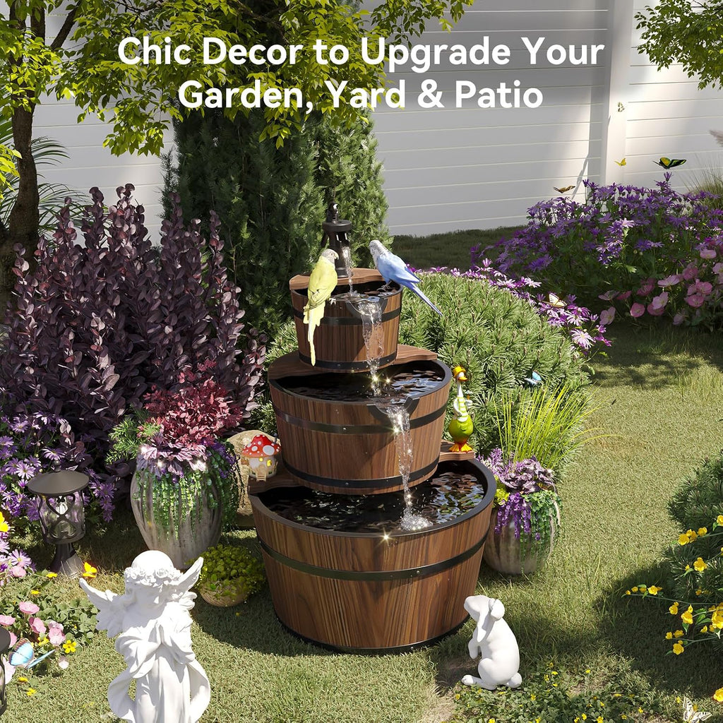 3-Tier Outdoor Water Fountain, Wood Barrel Cascading with Electric Decorative Hand Pump, Rustic Waterfall Fountain
