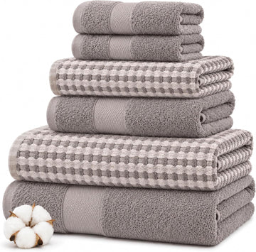 6 Piece Cotton Bath Towel Set - Ultra Soft 600 GSM Towels - Bathroom Set with Hand Towels and Washcloths - Waffle