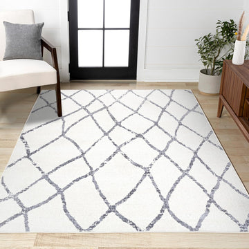 Illi Moroccan Diamond Trellis Ivory/Gray Indoor Area Rug, Bohemian, Vintage, Easy-Cleaning, Pet Friendly