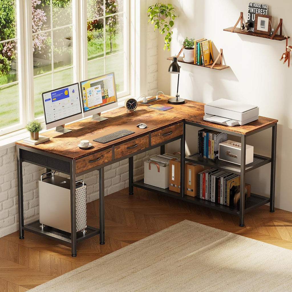 55 Inch L Shaped Office Desk with Power Outlets and Type-C Port, Large Computer Gaming Desk with 3 Fabric Drawers