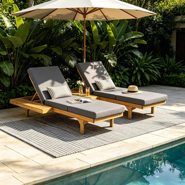 Acacia Wood Outdoor Chaise Lounge Set, 2 Recliners with 3-Fold Dark Grey Cushions, 5-Position Adjustable Double