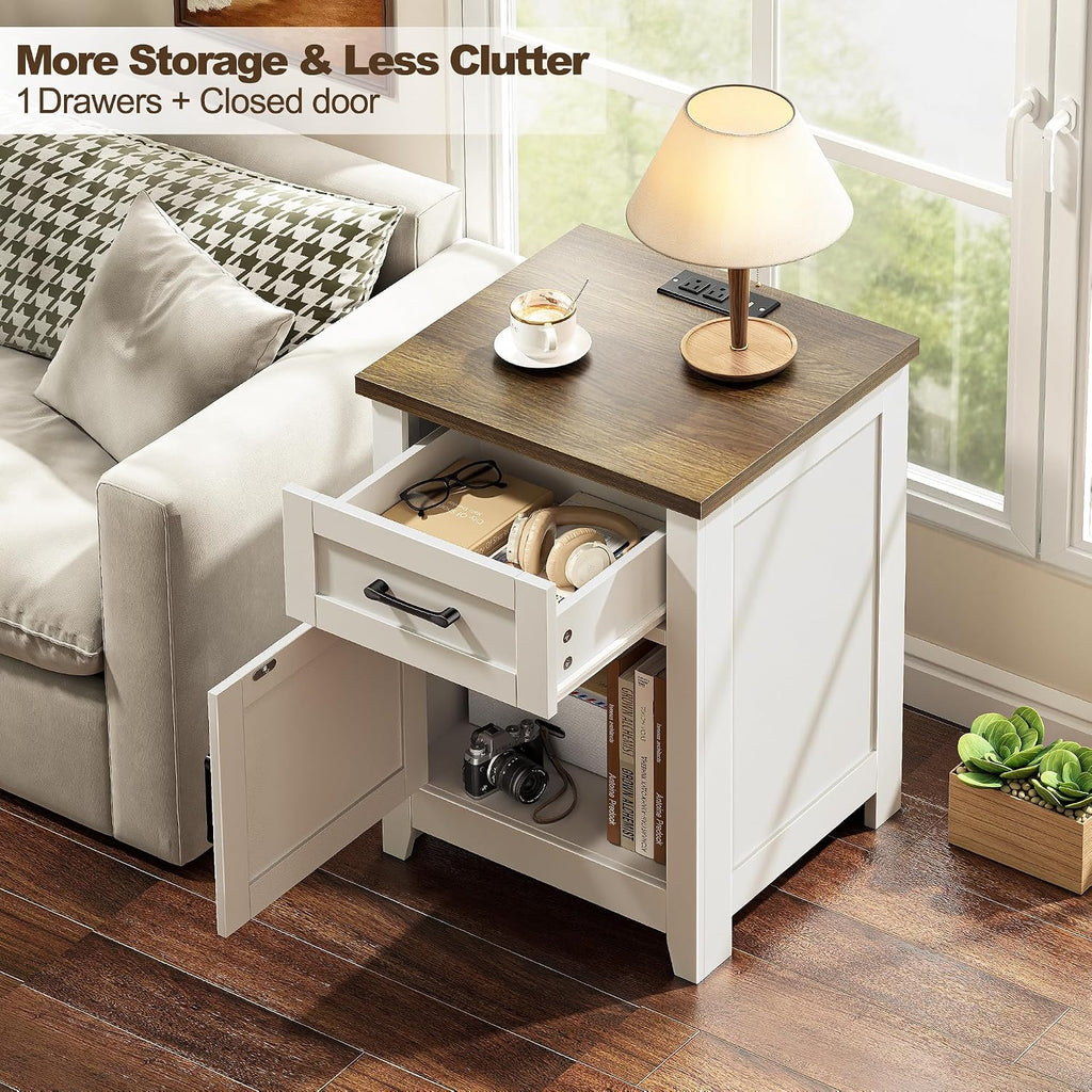 Farmhouse Nightstand with Charging Station, Set of 2 Modern End Tables with Large Storage and One Drawers, Outlets