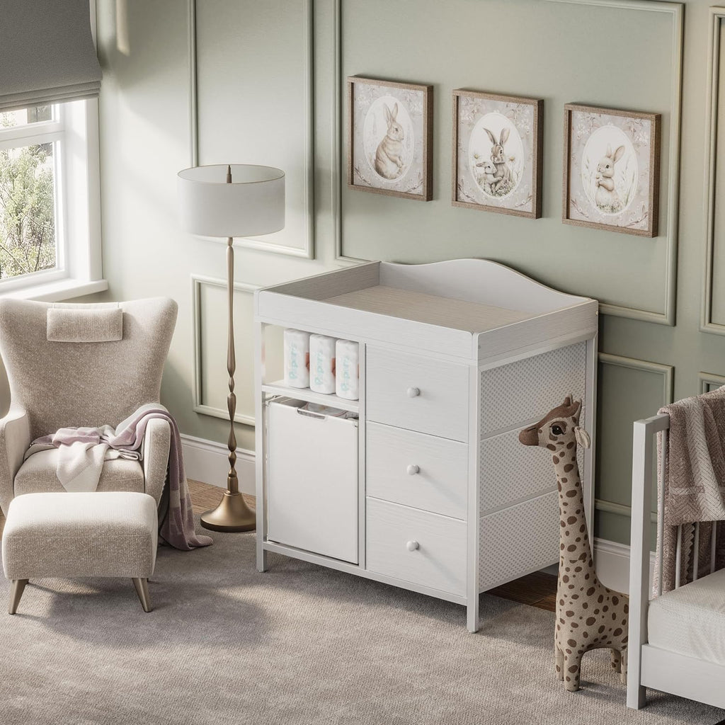 White Changing Table with 3 Fabric Drawers and Laundry Hamper, Baby Dresser with Changing Table Top, Nursery Diaper