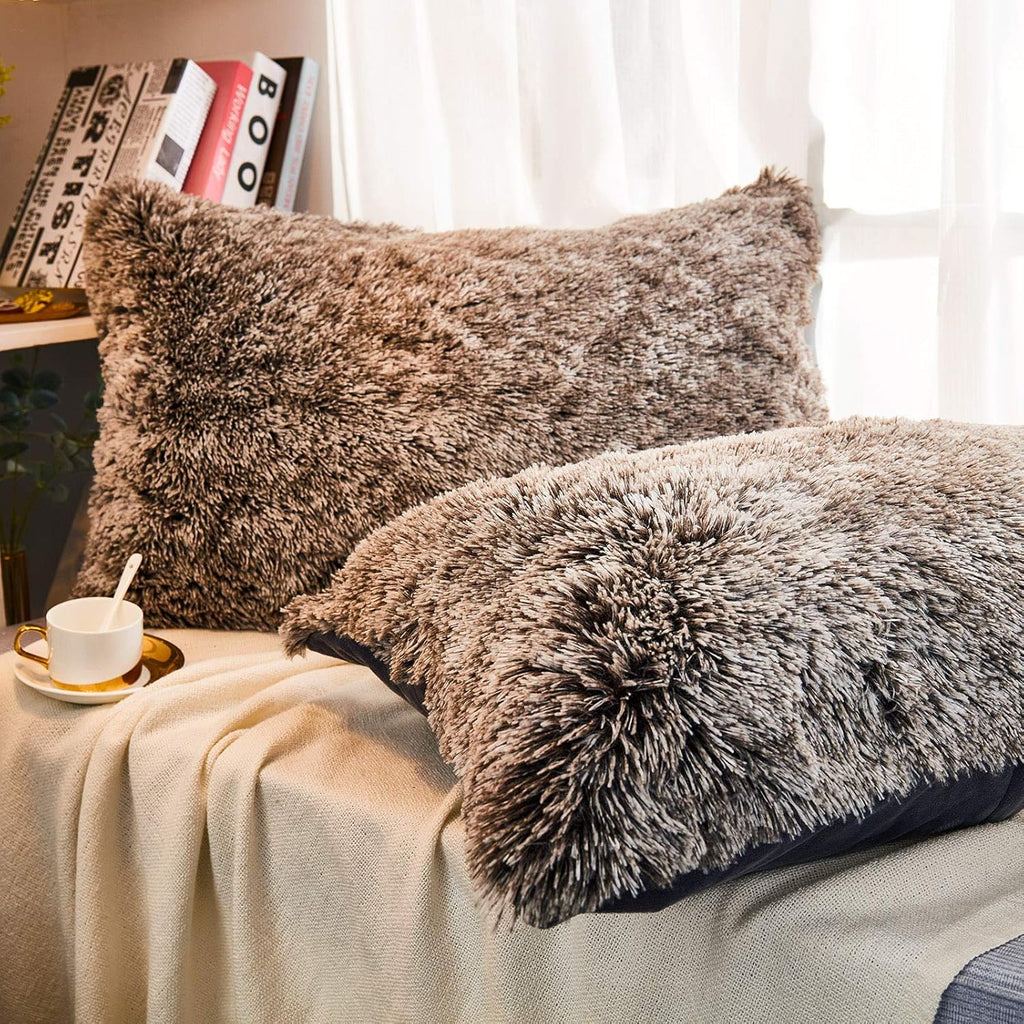 Faux Fur Decorative Throw Pillow Shams 2 Pack Luxury Shaggy Pillowcases Crystal Velvet Reverse Queen (Dark Grey