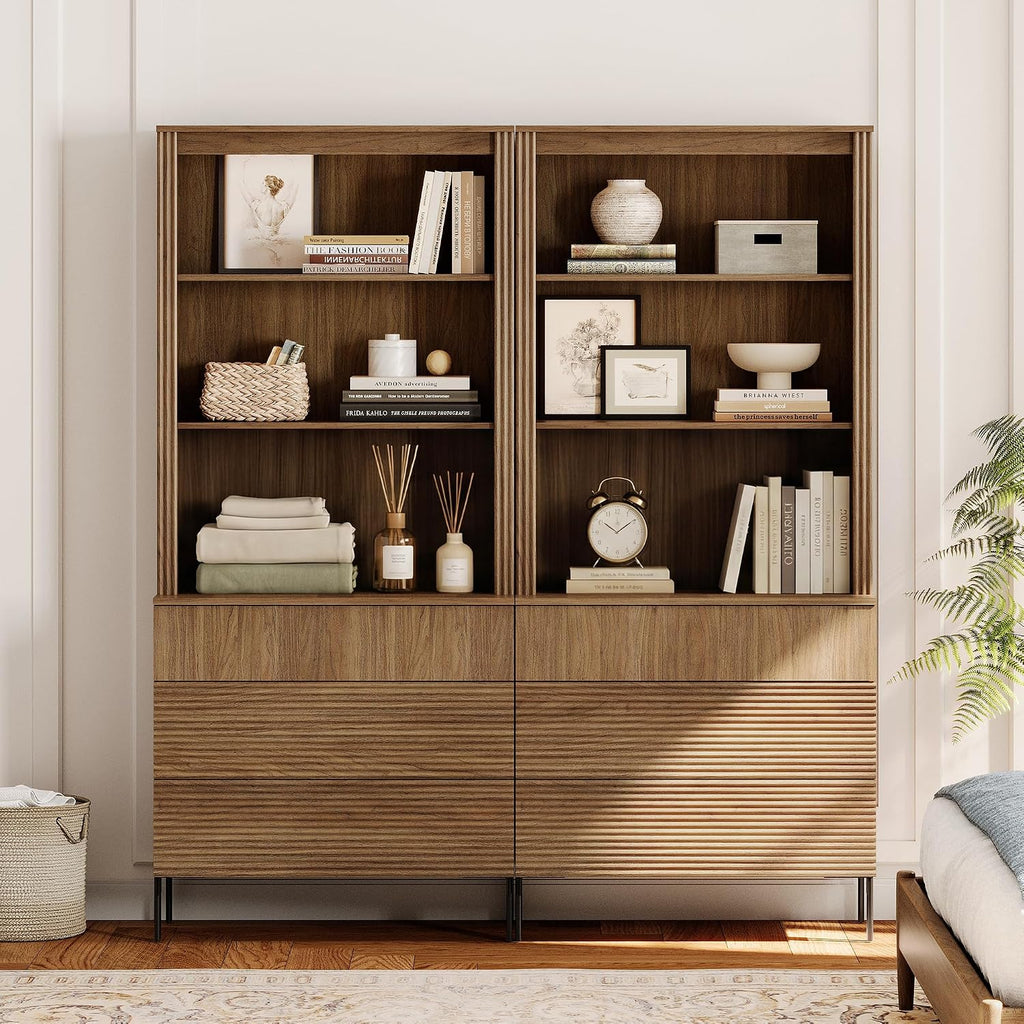 71.5" Tall Bookcase with 3 Drawers, Modern Fluted Bookcase with Adjustable Shelves, Wooden Storage Cabinet , Walnut