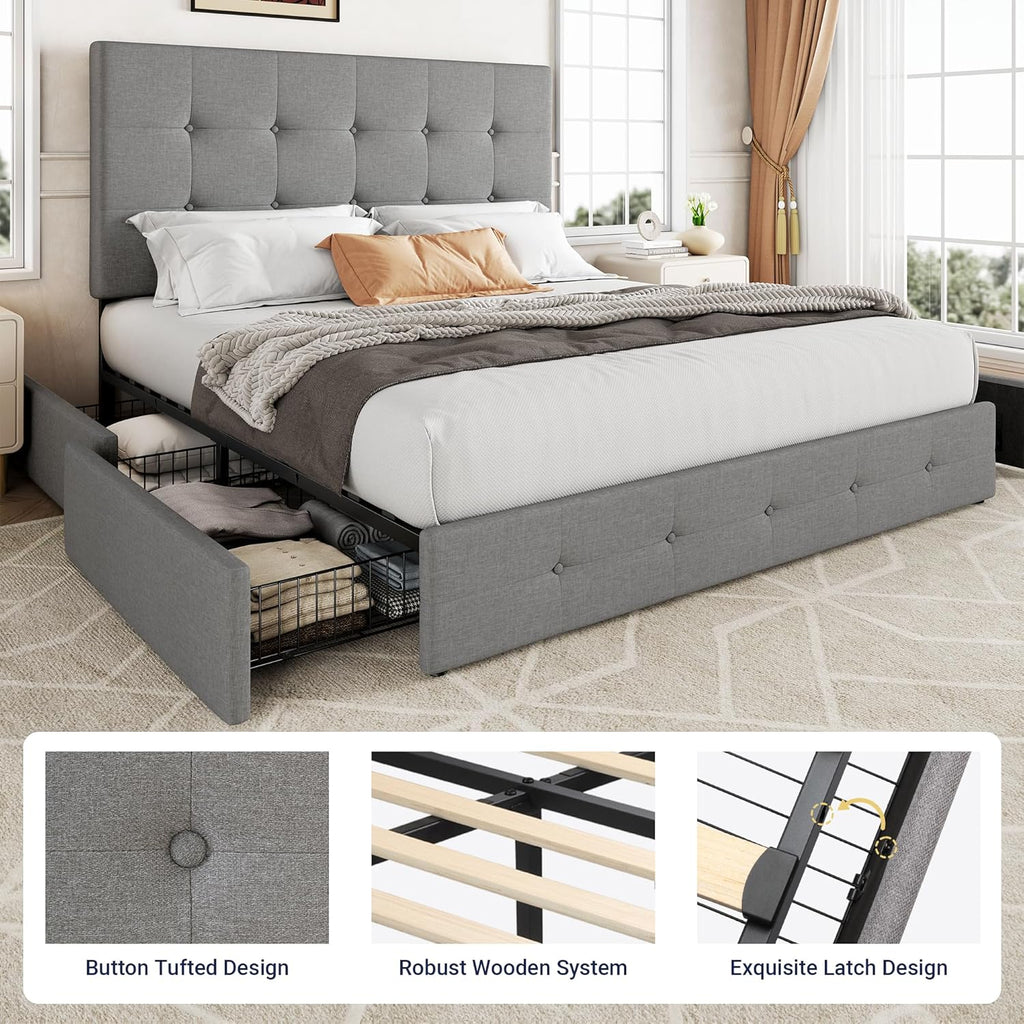 Upholstered Queen Platform Bed Frame with 4 Storage Drawers and Headboard, Square Stitched Button Tufted