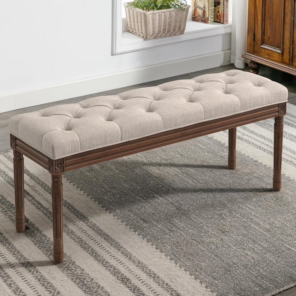 44" Bedroom Bench, Fabric End of Bed Bench, Upholstered French Tufted Ottoman Bench with Carved Dark Brown Wood Legs