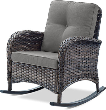 Patio Rocking Chair Wicker Chair, 1 Piece Outdoor Rocking Chair Seating with Cushions for Porch Deck Balcony