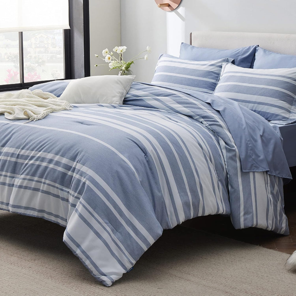 Blue Striped Comforter Set, King Bedding Set, 7 Piece