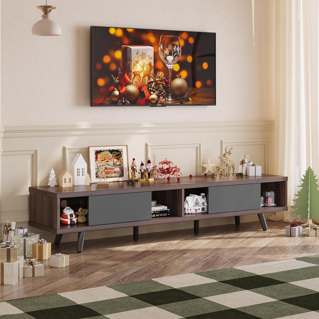 70 inch Mid Century Modern TV Stand for 75 inch TV, Low Profile TV Stand with Storage, Entertainment Center for Living Room, Cord Management, Walnut